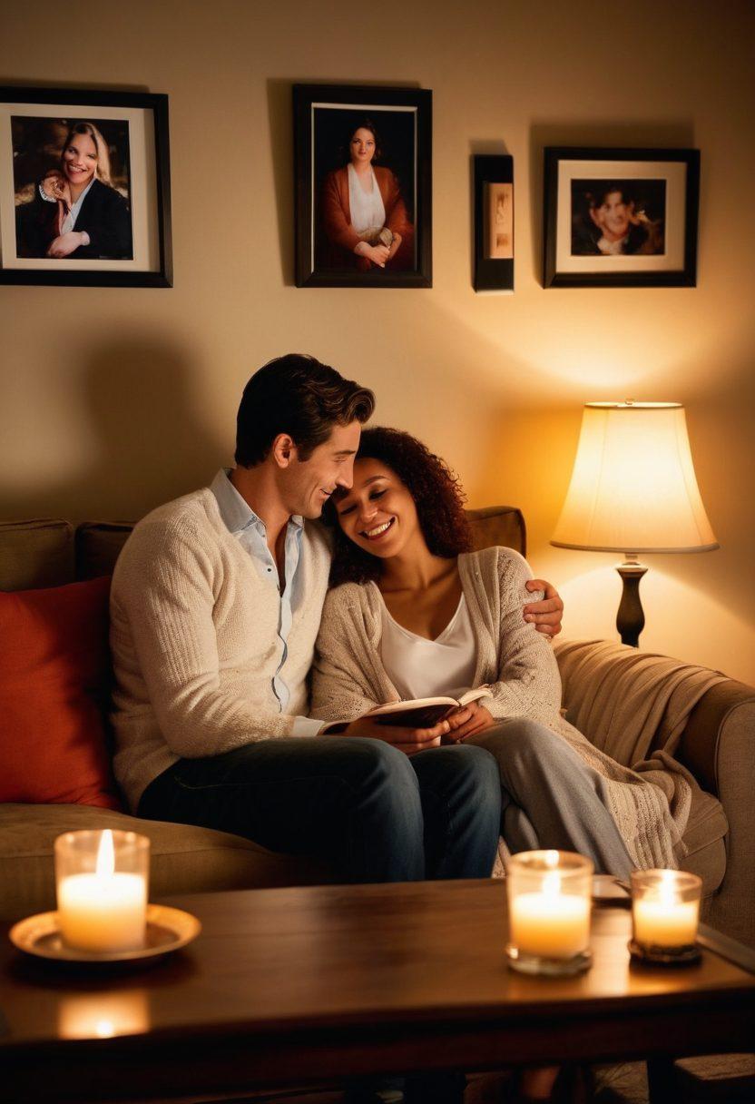 A cozy, softly lit room with a couple sitting on a plush, inviting sofa, sharing a warm embrace and laughing together. Surround them with framed pictures of their cherished moments, soft pillows, and a warm blanket draped over the sofa. Include a glowing candle on a small table to enhance the intimate atmosphere. Emphasize warmth, connection, and love in their expressions. soft lighting. super-realistic. vibrant colors.
