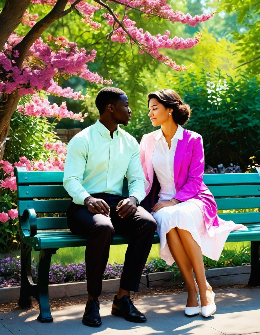 A serene scene depicting two diverse individuals sitting on a vibrant park bench, sharing an intimate conversation, surrounded by blooming flowers and soft sunlight. Their expressions reflect genuine emotions, symbolizing deep connection and understanding. In the background, a gentle breeze causes leaves to dance, enhancing the sense of harmony. Soft hues of pink, green, and gold create an inviting atmosphere. painting. vibrant colors.