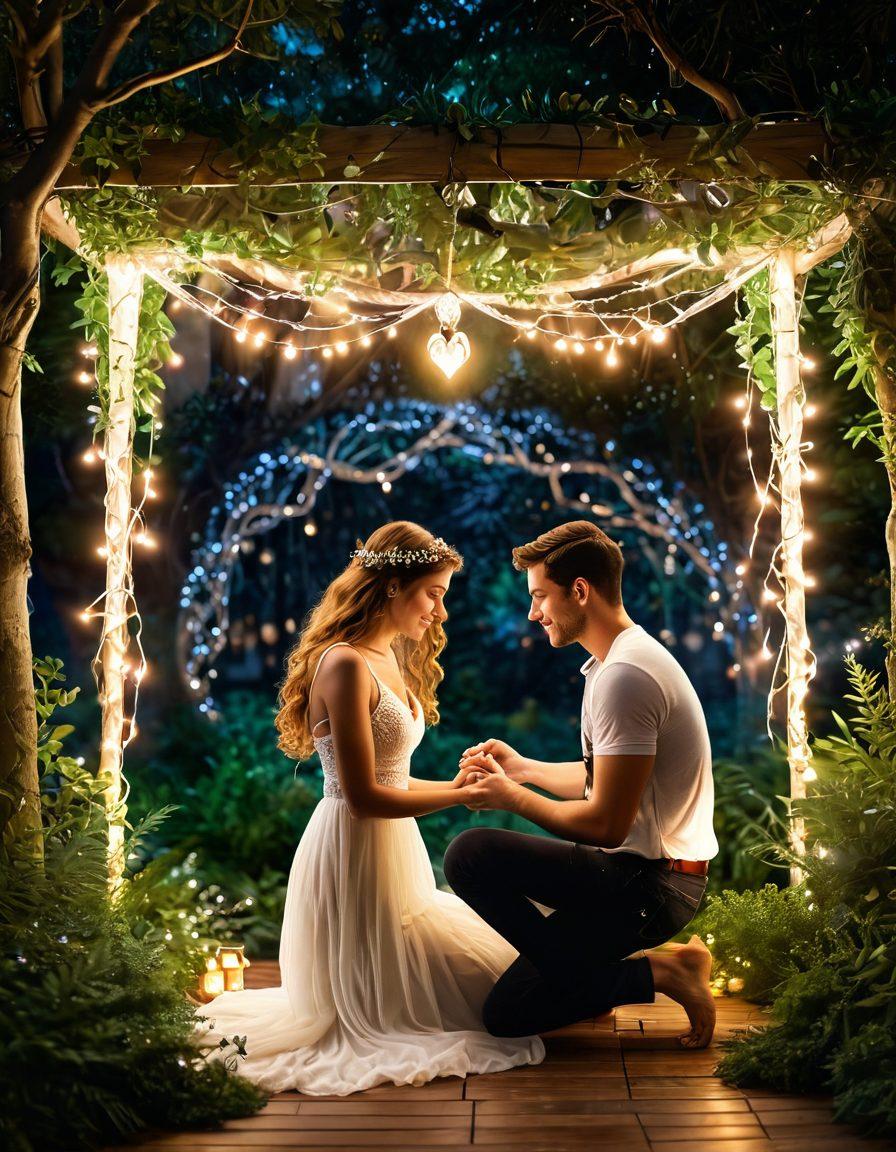 A serene and inviting scene depicting two individuals sharing a heartfelt moment under a canopy of twinkling fairy lights, surrounded by lush greenery. Include elements symbolizing love, such as intertwined hands and a soft glowing heart in the background. The atmosphere should evoke warmth and authenticity, capturing the essence of genuine connections. vibrant colors. super-realistic.